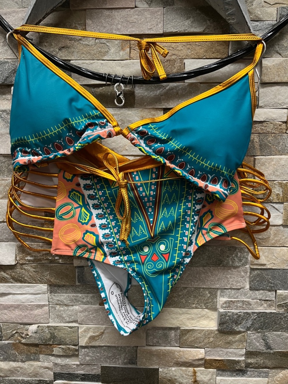 Teal & Gold Patterned Women’s Swim Suit - Strappy High-Waist Two-Piece